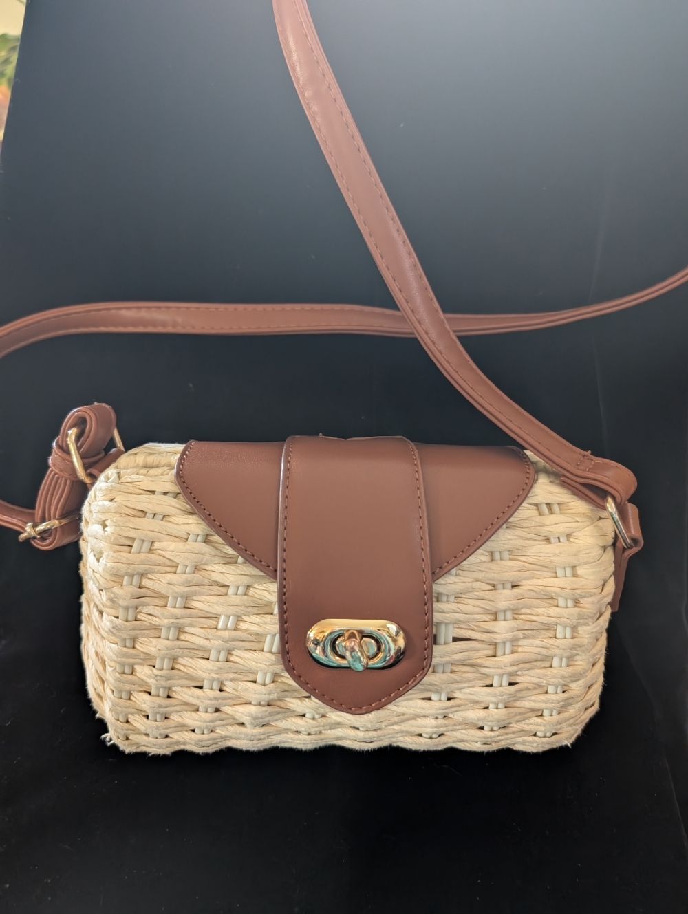 Izzy & Ali Women’s Woven Straw Crossbody Bag with Brown Trim